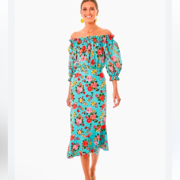 Saloni Grace Floral Off the Shoulder Silk Midi Dress NWOT - Picture 2 of 9